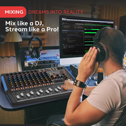 12-Channel Bluetooth Studio Mixer - USB Recording, 7-Band EQ, 48V Power