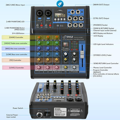 4-Channel Bluetooth Studio Mixer - USB, FX, 48V Phantom Power