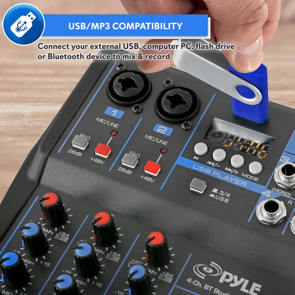 4-Channel Bluetooth Studio Mixer - USB Recording, 48V Power, 7-Band EQ - Thumbnail 4