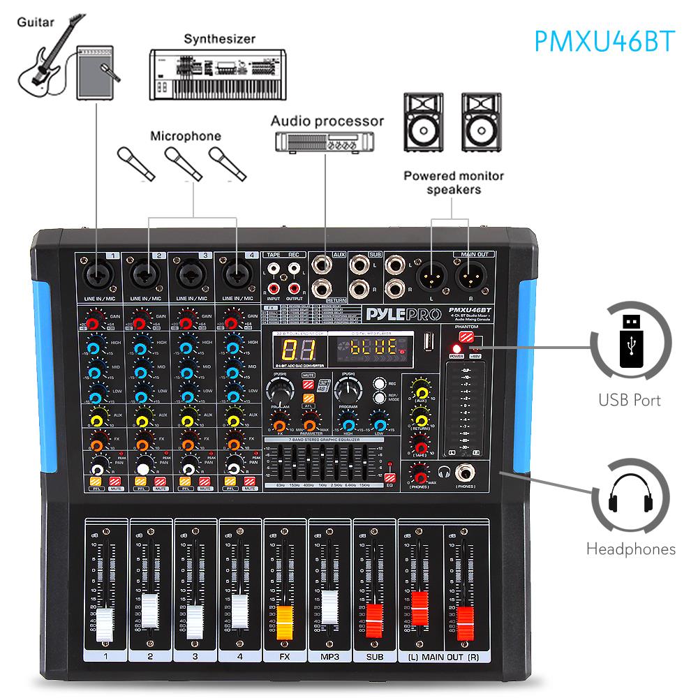 4-Channel Bluetooth Studio Mixer - USB Recording, 48V Power, 7