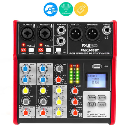 4-Ch. Bluetooth Studio Mixer - Pro Audio Digital Dj Audio Mixer Console (+48V Phantom Power)