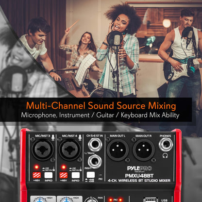 4-Channel Bluetooth DJ Mixer - Pro Audio, USB Interface, Phantom Power