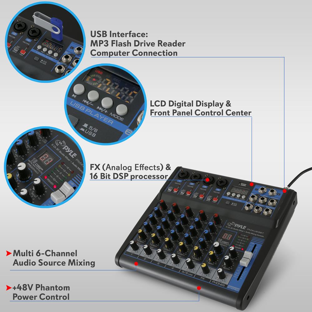 6-Channel Audio Mixer - Bluetooth Streaming - 48V Phantom Power – Pyle USA
