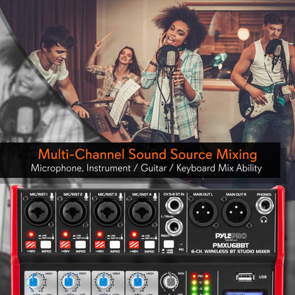 6-Channel Bluetooth DJ Mixer - Pro Audio, USB Interface, Phantom Power