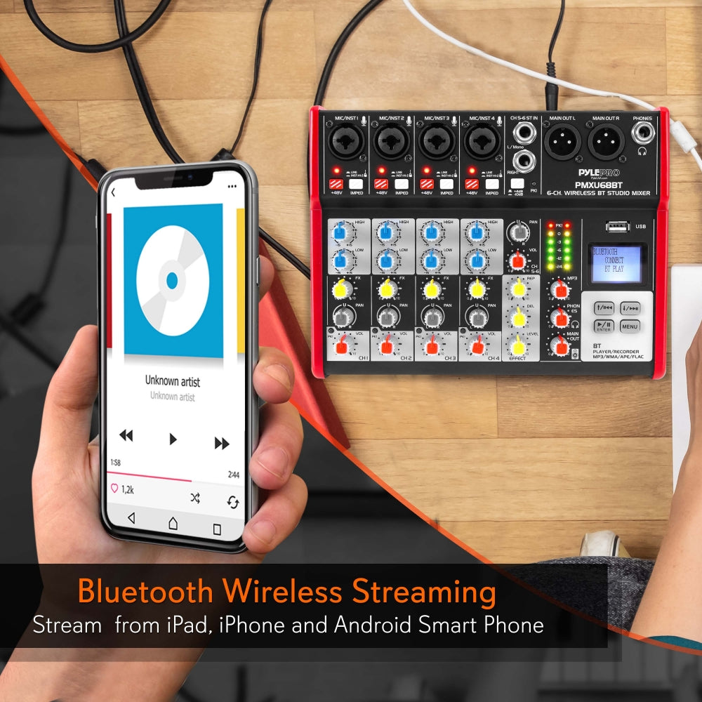 6-Channel Bluetooth DJ Mixer - Pro Audio, USB Interface, Phantom