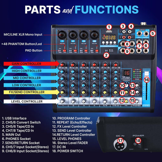 8-Channel Bluetooth Studio Mixer - USB, DSP, Phantom Power, DJ/Studio Use