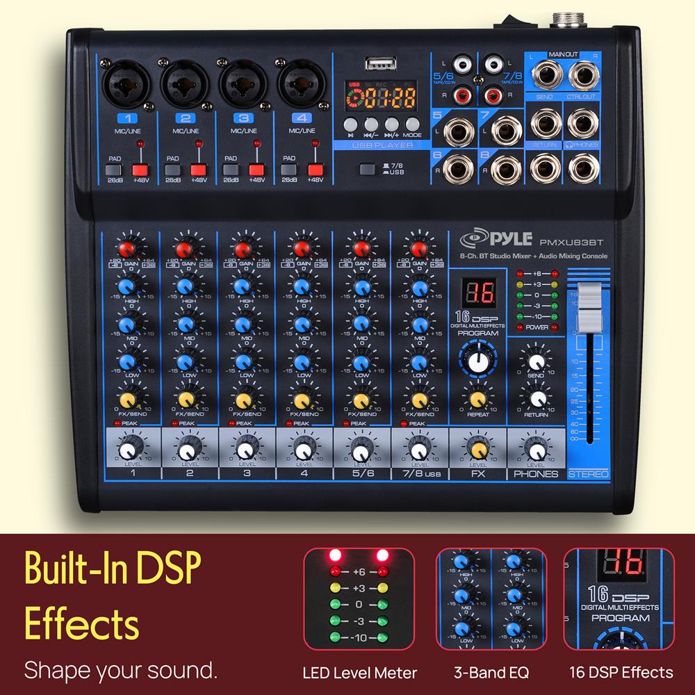 8-Channel Bluetooth Studio Mixer - USB, DSP, Phantom Power, DJ
