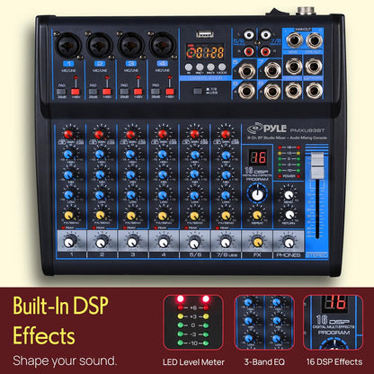 8-Channel Bluetooth Studio Mixer - USB, DSP, Phantom Power, DJ/Studio Use