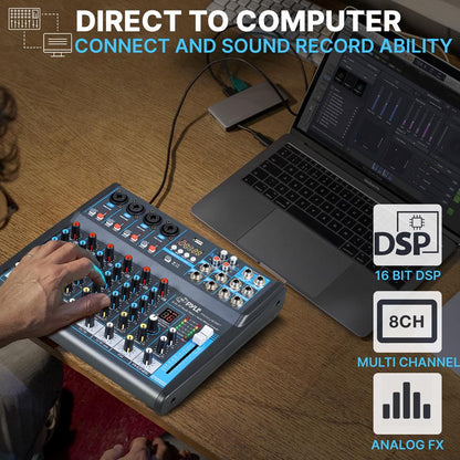 8-Channel Bluetooth Studio Mixer - USB, DSP, Phantom Power, DJ/Studio Use