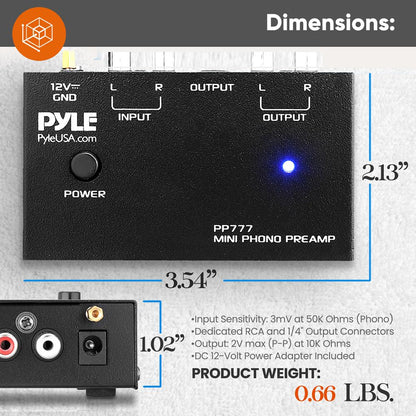Préampli Phono Pyle Mini – Préamplificateur Platine Vinyle Ultra Faible Bruit – RCA Entrée/Sortie – Adaptateur 12V Inclus