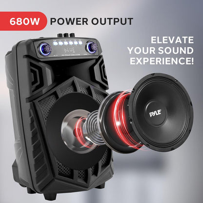 680W Portable Bluetooth PA Speaker, Rechargeable, LED Lights, 10"
