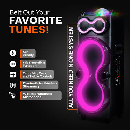 Bluetooth Party Speaker 240W Powerful Bass Dual 10" Speakers LED Lights