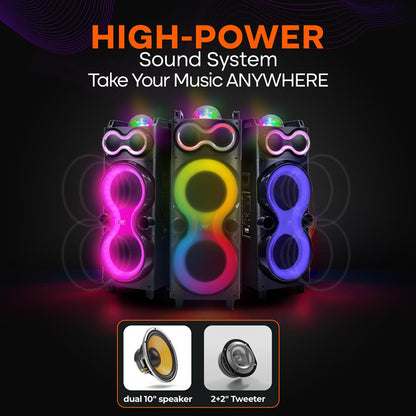 Bluetooth Party Speaker 240W Powerful Bass Dual 10" Speakers LED Lights