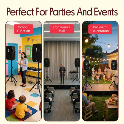 Wireless PA System Kit 1800W - Bluetooth, Dual 12" Speakers, Stands, Mic