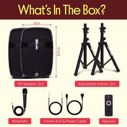 Wireless PA System Kit 1800W - Bluetooth, Dual 12" Speakers, Stands, Mic