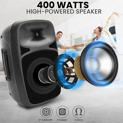 400W Bluetooth PA Speaker System, Portable, 12" Woofer, Party Lights