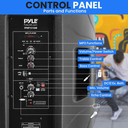 15" Portable Speaker - Wireless Streaming, LED, Wheels, Rechargeable Battery