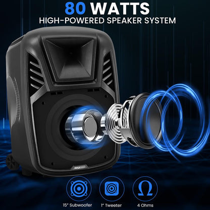 15" Portable Speaker - Wireless Streaming, LED, Wheels, Rechargeable Battery