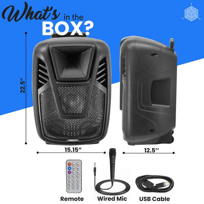 15" Portable Speaker - Wireless Streaming, LED, Wheels, Rechargeable Battery