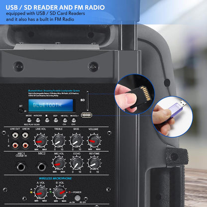 Portable Bluetooth PA Speaker 1600W Rechargeable Battery 15" w/ Mics