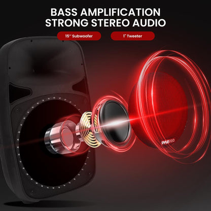 Wireless PA Speaker System 500W, Bluetooth, 15" Woofer, Party Lights