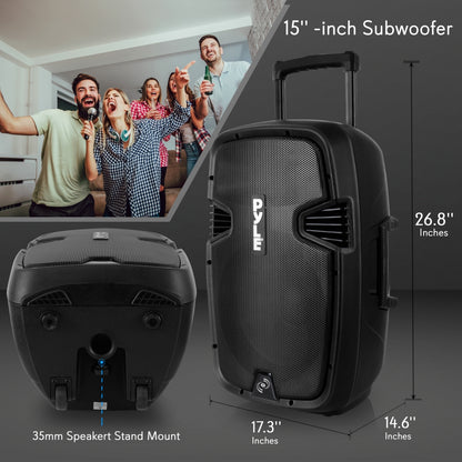 Portable 1600W Bluetooth PA Speaker, Rechargeable, 2 Mics, Wheels