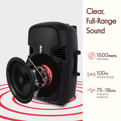 Portable 1600W Bluetooth PA Speaker, Rechargeable, 2 Mics, Wheels