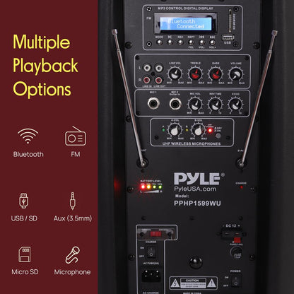 Portable 1600W Bluetooth PA Speaker, Rechargeable, 2 Mics, Wheels