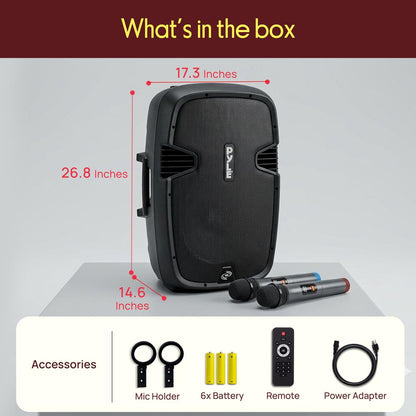 Portable 1600W Bluetooth PA Speaker, Rechargeable, 2 Mics, Wheels
