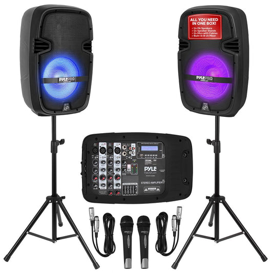 Portable PA Speaker DJ Mixer Bundle, 600W, Bluetooth, LED Lights, 10" Speakers