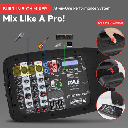 Portable PA Speaker DJ Mixer Bundle, 600W, Bluetooth, LED Lights, 10" Speakers