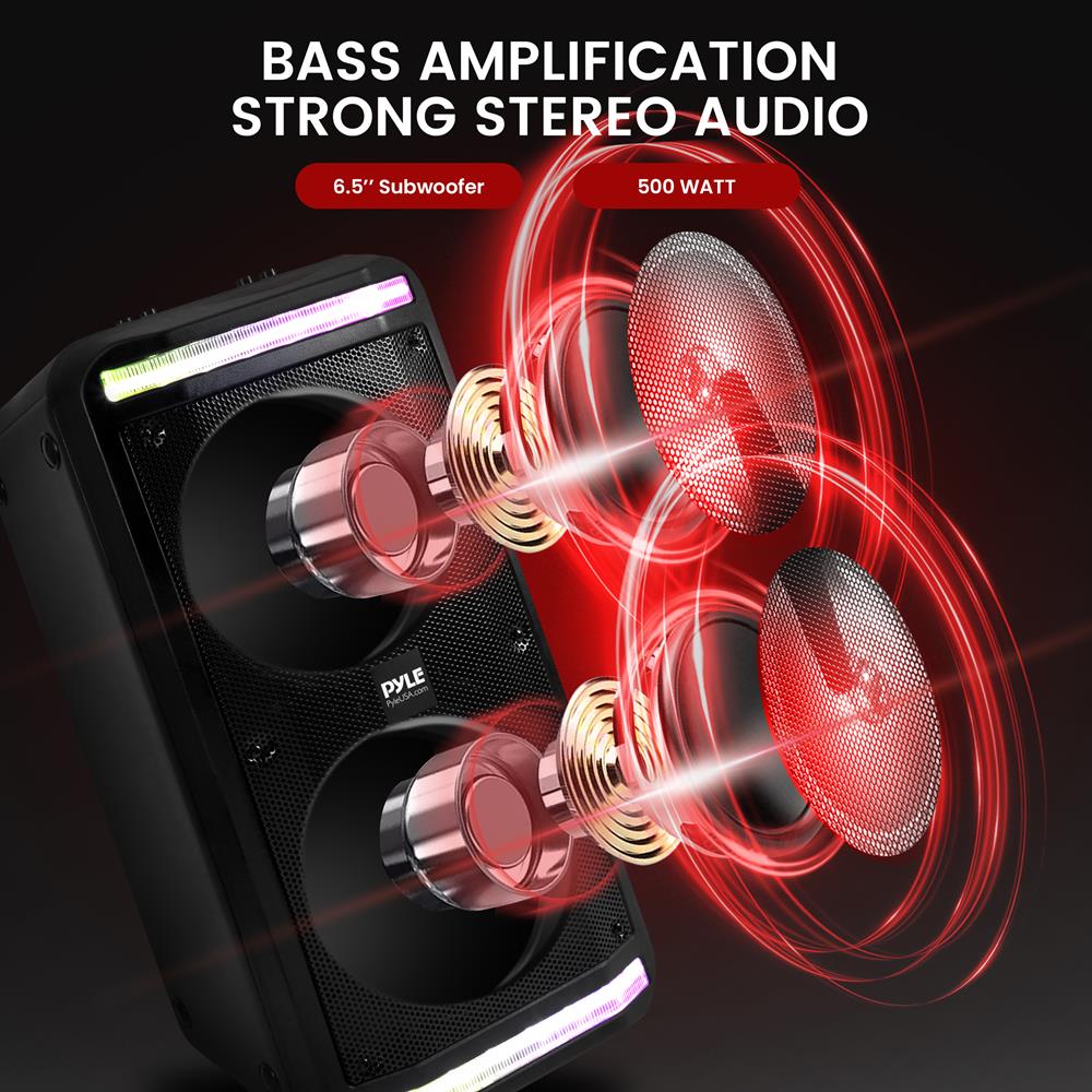 Bluetooth Portable Stereo Karaoke Speaker with Wired Mic, 6.5’’ Subwoofers, 500 Watt, Black - Thumbnail 3