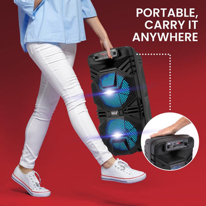Bluetooth PA Speaker 600W Rechargeable Dual 8" Subwoofers Party Lights