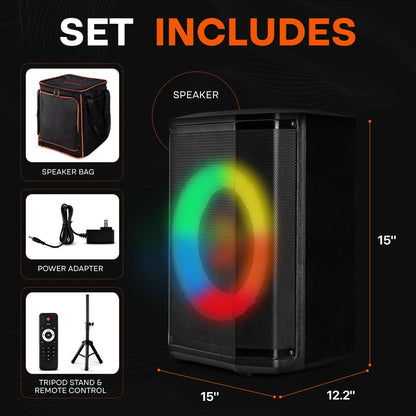 Bluetooth Party Speaker, Powerful Bass, TWS, LED Lights, 120W, Tripod