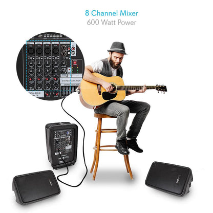 600W 8-Ch Bluetooth PA Speaker Kit, Dual 8" Subwoofers, USB/MP3 Reader