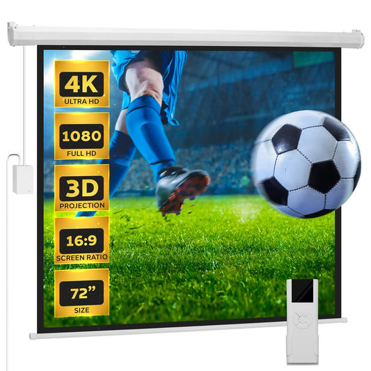 72" Motorized Projector Screen, Quick Setup, Matte White, Remote Control