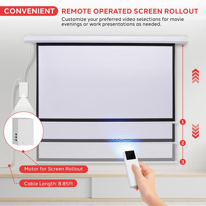 72" Motorized Projector Screen, Quick Setup, Matte White, Remote Control