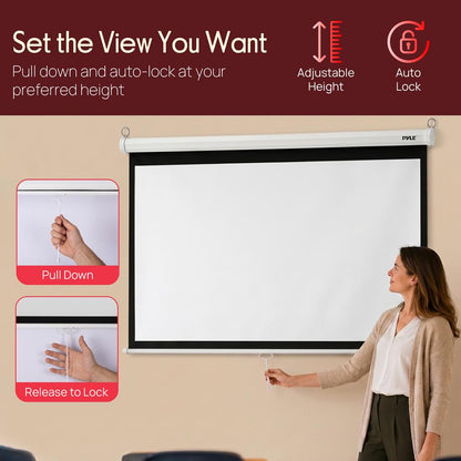 Pyle 72-Inch Manual Pull Down Projector Screen - Matte White Fabric, Adjustable Height, Auto-Locking Roll Down, Black Masking Border, Ceiling & Wall Mountable (Matte White)