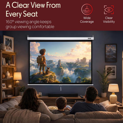 Pyle 72-Inch Manual Pull Down Projector Screen - Matte White Fabric, Adjustable Height, Auto-Locking Roll Down, Black Masking Border, Ceiling & Wall Mountable (Matte White)