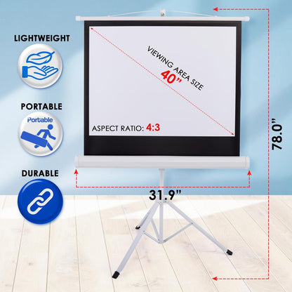 Portable Projector Screen 40" Easy Setup Matte White Tripod Stand