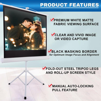 Portable Projector Screen 40" Easy Setup Matte White Tripod Stand