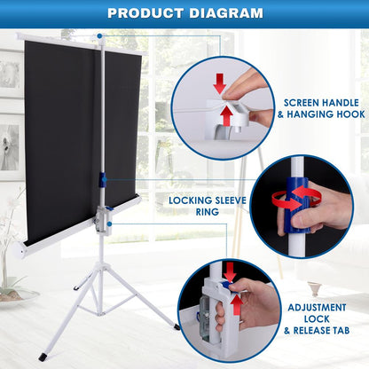 Portable Projector Screen 40" Easy Setup Matte White Tripod Stand