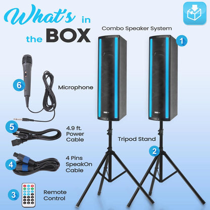 Portable Bluetooth PA Speaker System, 2000W, RGB Lights, Tripod Stand