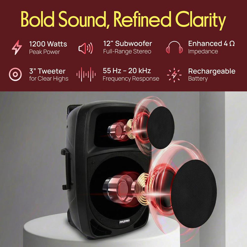 Portable Bluetooth PA Speaker 1200W Rechargeable Battery 12" Subwoofer ...