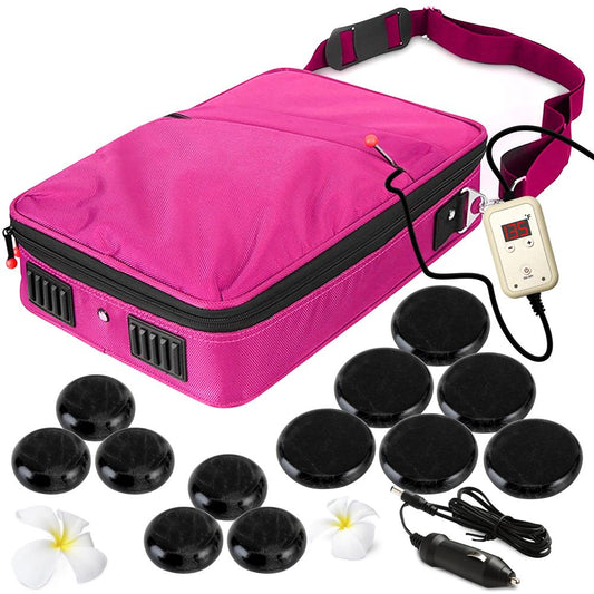Portable Massage Stone Warmer Set - Relieve Tension, Basalt Stones, Pink