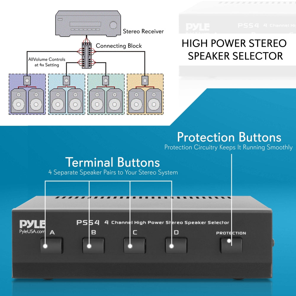 4-Zone Speaker Switch Selector, 4 Pairs, 100W, 8 Ohm, Protection