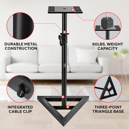 Speaker Stands Pair, Adjustable Height, Metal, Triangle Base, 9" Platform