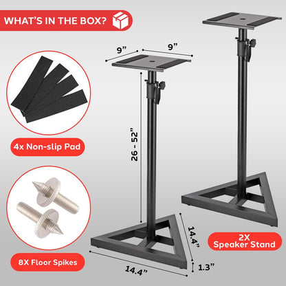 Speaker Stands Pair, Adjustable Height, Metal, Triangle Base, 9" Platform