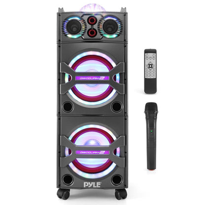 Portable Bluetooth PA Speaker 2000W, DJ Lights, Wireless Mic, USB/SD, Wheels