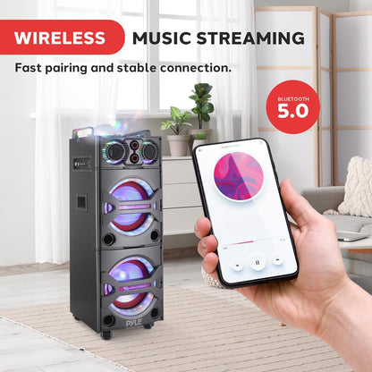 Portable Bluetooth PA Speaker 2000W, DJ Lights, Wireless Mic, USB/SD, Wheels